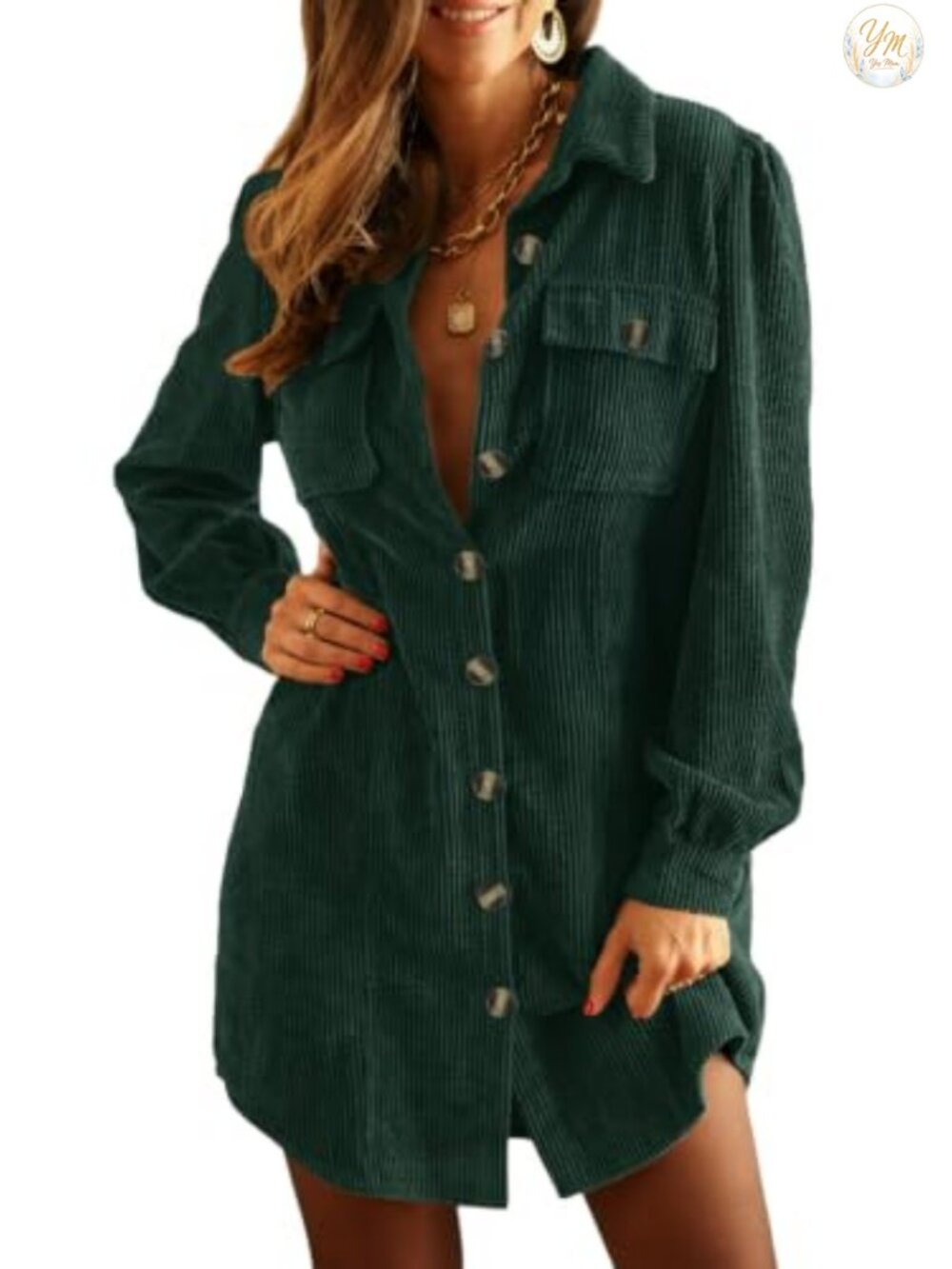Corduroy Long Sleeve Button Down Tunic Mini Dress Work Casual